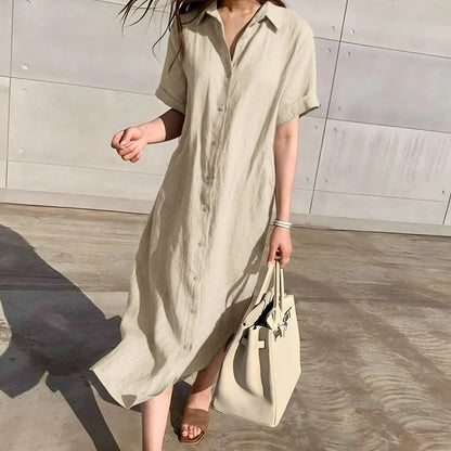 2024 Summer Cotton And Linen Korean Women's Long Dress Casual Vintage Loose Lace Waist Single-Breasted Short Sleeve Midi Dresses