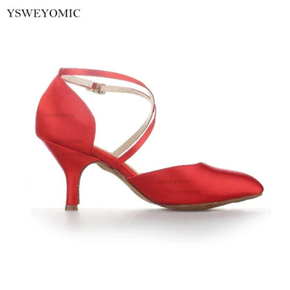 Women's Elegant Ballroom Party Modern Latin Dance Shoes Red Satin Social Waltz Tango Dancing Heels Closed Toe Ballroom Shoes