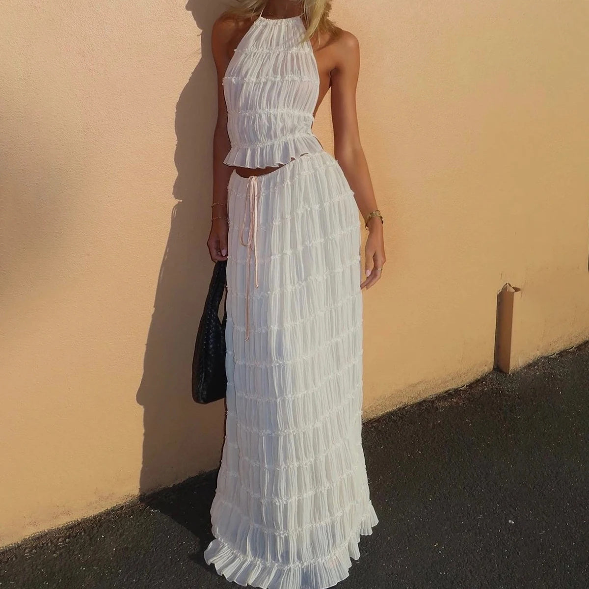 2pcs Women's Dress Suit Sexy Sleeveless Backless Cropped Halter Top And Pleated Long Skirt Beach Clothing Vibrant Vaults