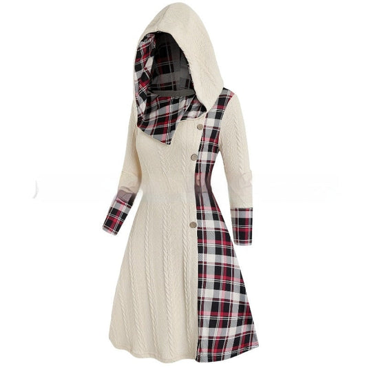 European And American Knitted Hooded Dress Plaid Printed Vibrant Vaults