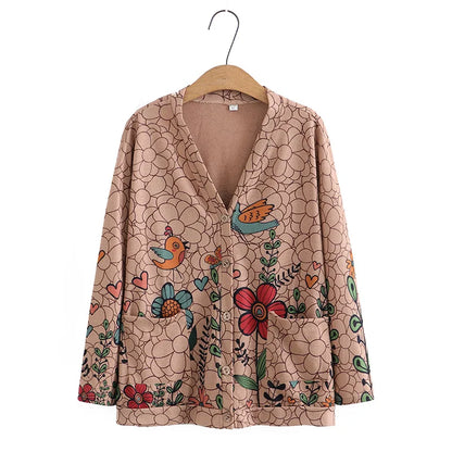 8XL Plus Size Cardigan Women 2023 Spring Print V-Neck Two Pockets Jumpers Long Sleeve Outewear Oversize Curve Clothes