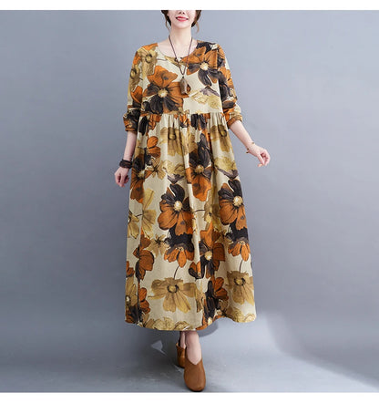 2023 Soft Cotton Linen Print Floral Long Sleeve  Autumn Dress Holiday Outdoor Travel Style Women Spring Long Maxi Casual Dress