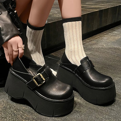 Women 9 CM Platform Shoes Punk PU Leather Buckle Design Loafers High Quality Cool Retro Chunky Oxfords Casual Outdoor Shoe 34-39