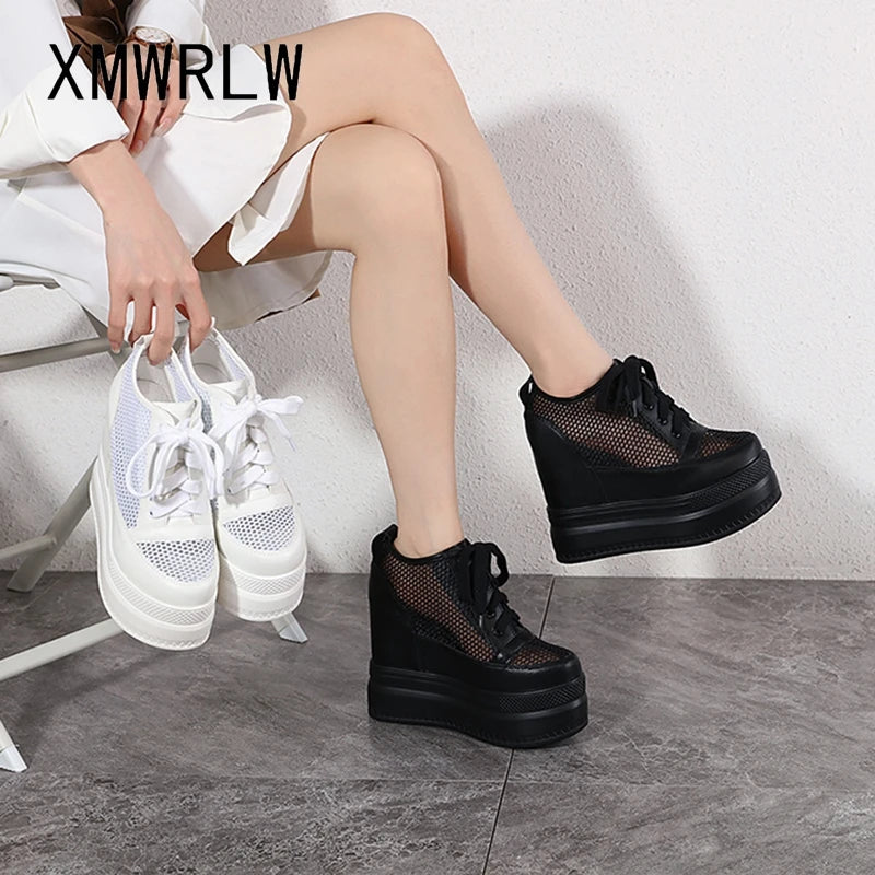 XMWRLW Breathable Mesh Women’s Platform Shoes 2023 Summer High Heels 15cm Female Sneakers Women White Black Shoes Summer Sneaker