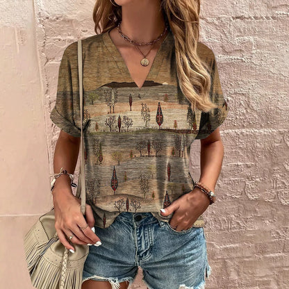 Retro Women's T-Shirt Summer V-Neck Short Sleeve Tee Casual Harajuku Stripe Print T Shirt for Women Streetwear Pullover Tops New