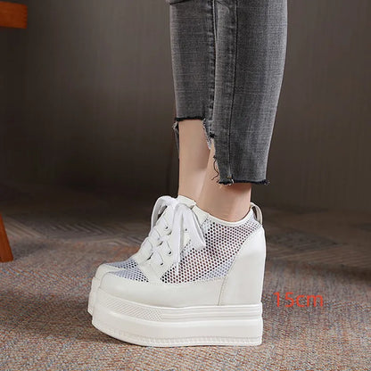 XMWRLW Breathable Mesh Women’s Platform Shoes 2023 Summer High Heels 15cm Female Sneakers Women White Black Shoes Summer Sneaker