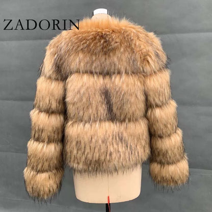 ZADORIN Women Fashion Faux Raccoon Fur Coat Luxury Short Furry Fur Top Jacket Women Winter Plush Fluffy Fur Coats for Women