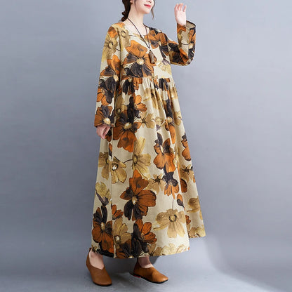 2023 Soft Cotton Linen Print Floral Long Sleeve  Autumn Dress Holiday Outdoor Travel Style Women Spring Long Maxi Casual Dress