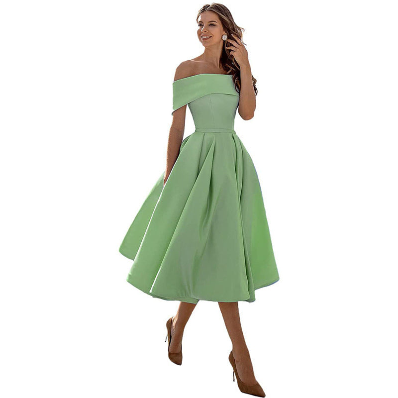 Women's Fashion Casual Strapless Satin Party Dress Off The Shoulder Tea Length Satin Prom Dresses With Pockts Formal Evening Party Dress Vibrant Vaults