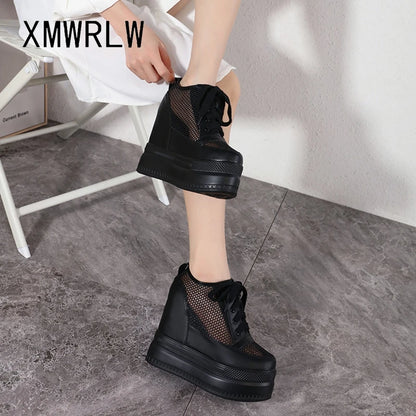 XMWRLW Breathable Mesh Women’s Platform Shoes 2023 Summer High Heels 15cm Female Sneakers Women White Black Shoes Summer Sneaker