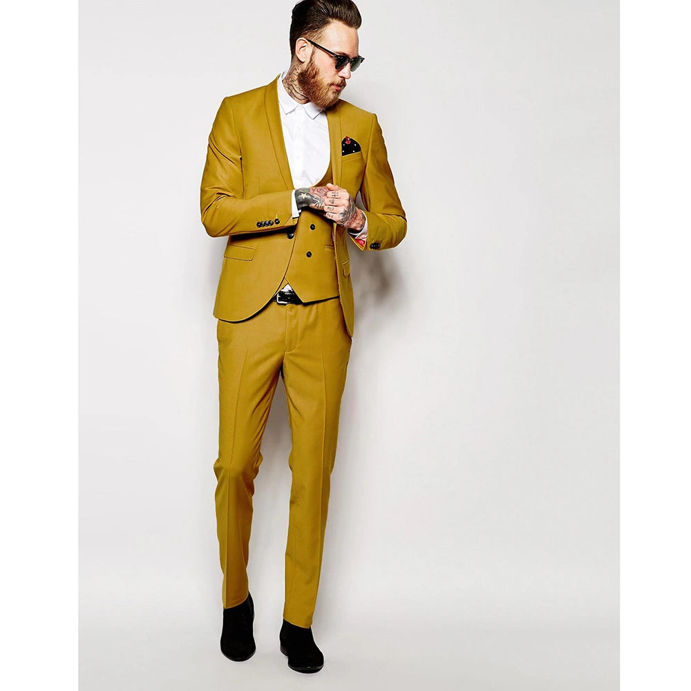 Men Suits High Quality Gold 3 Piece Jacket Pants Vest Elegant Blazer Luxury Outfits Set Wedding Prom Party Costume Homme