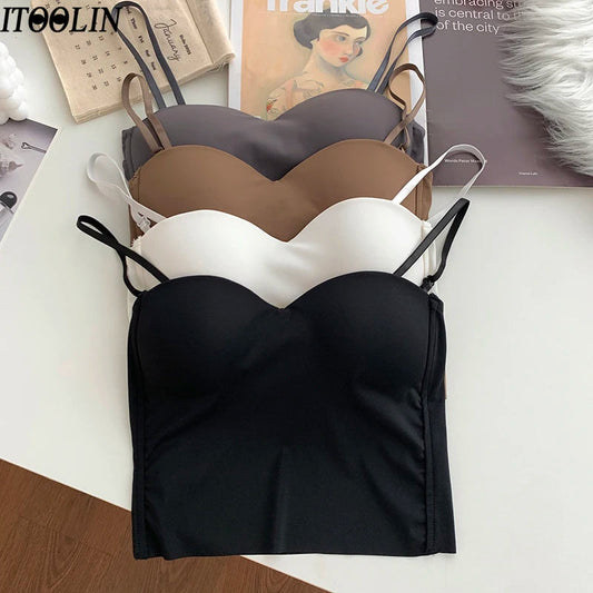 ITOOLIN Fashion Backless Tank Tops Cute Crop Tops For Women Slim Elastic Camisole Ice Silk Women Spaghetti Camis With Bra Pad Vibrant Vaults