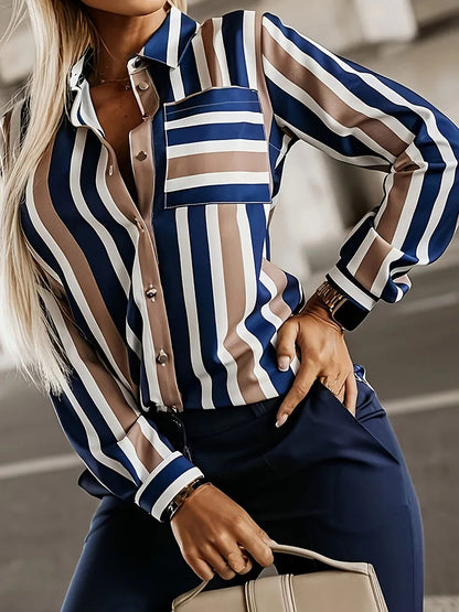 Plus Size Casual Blouse, Women's Plus Stripe Print Long Sleeve Button Up Lapel Collar Shirt Top