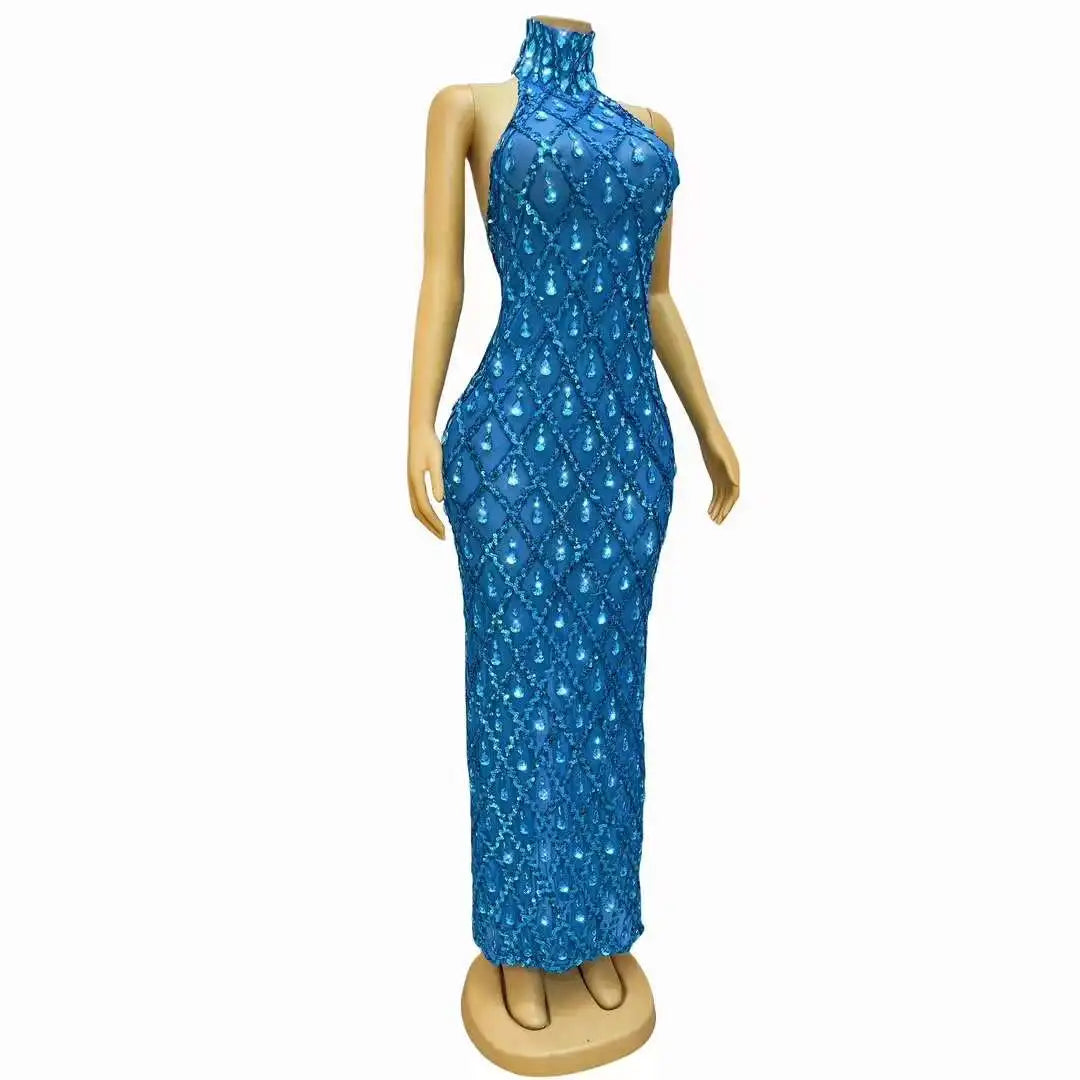 Sparkly Blue Sequins Sleeveless Birthday Dress Shiny Evening Celebrate Outfit Stretch Mesh Transparent Prom Gowns Shaokaijia