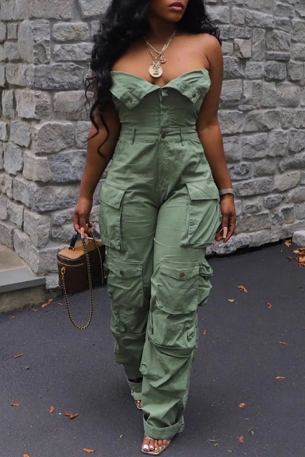 Plus Size Fashion Streetwear Denim Jumpsuit Women's Loose Pants Jumpsuit Plus Size Multi-pocket Strapless Jeans