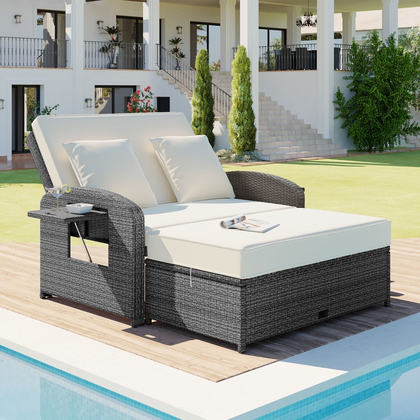 TOPMAX PE Wicker Rattan Double Chaise Lounge, 2-Person Adjustable Daybed Vibrant Vaults
