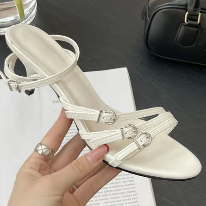 Big Size Fashion Buckle Strap Ladies Thin Heels Pumps Sandals Shoes Female Round Toe Women Medium Heels Shoes Wine Red Footwear