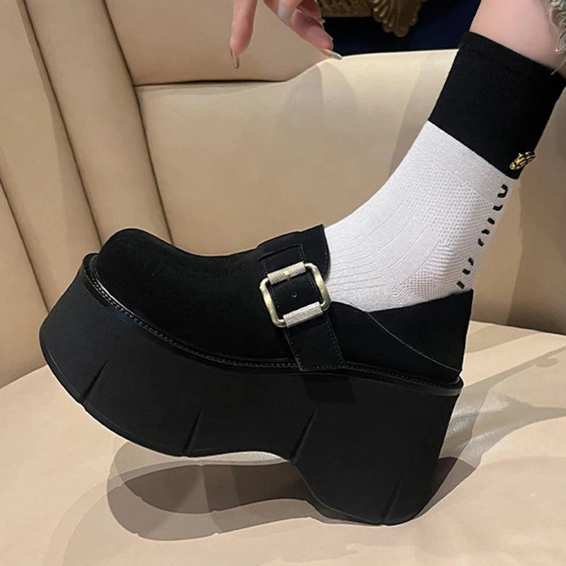 Women 9 CM Platform Shoes Punk PU Leather Buckle Design Loafers High Quality Cool Retro Chunky Oxfords Casual Outdoor Shoe 34-39