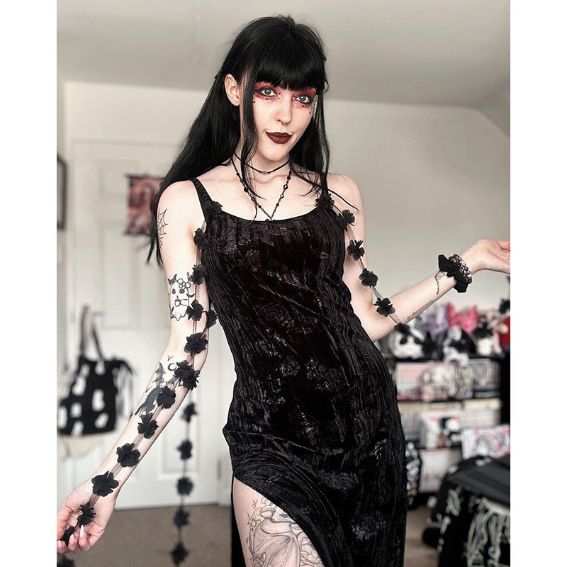 Ribbon Embossed Velvet Spaghetti Straps Dress Female Vibrant Vaults