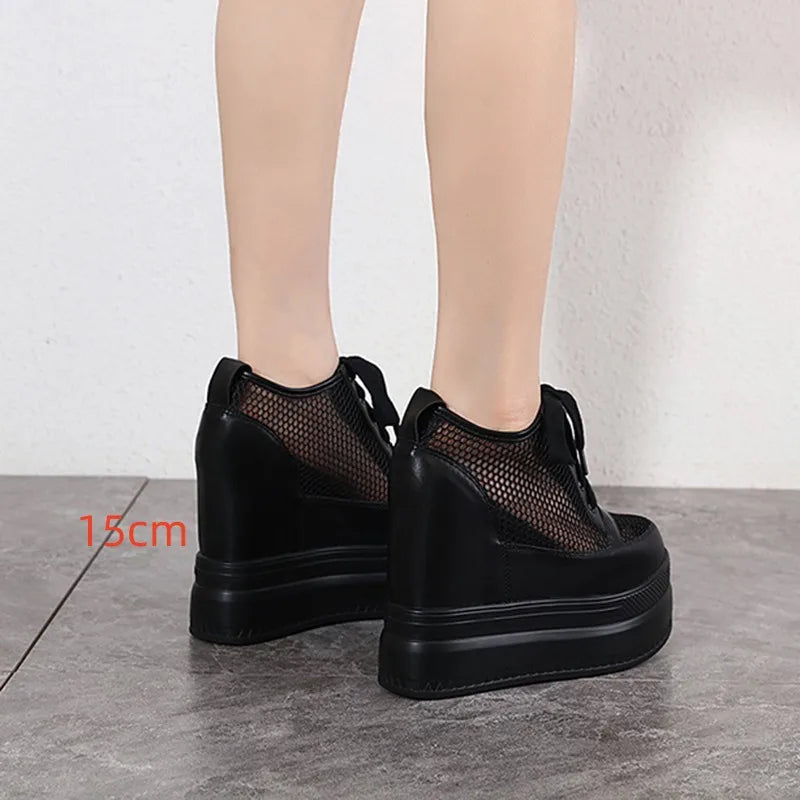 XMWRLW Breathable Mesh Women’s Platform Shoes 2023 Summer High Heels 15cm Female Sneakers Women White Black Shoes Summer Sneaker