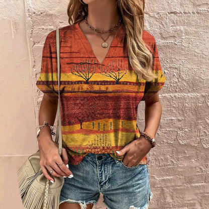 Retro Women's T-Shirt Summer V-Neck Short Sleeve Tee Casual Harajuku Stripe Print T Shirt for Women Streetwear Pullover Tops New