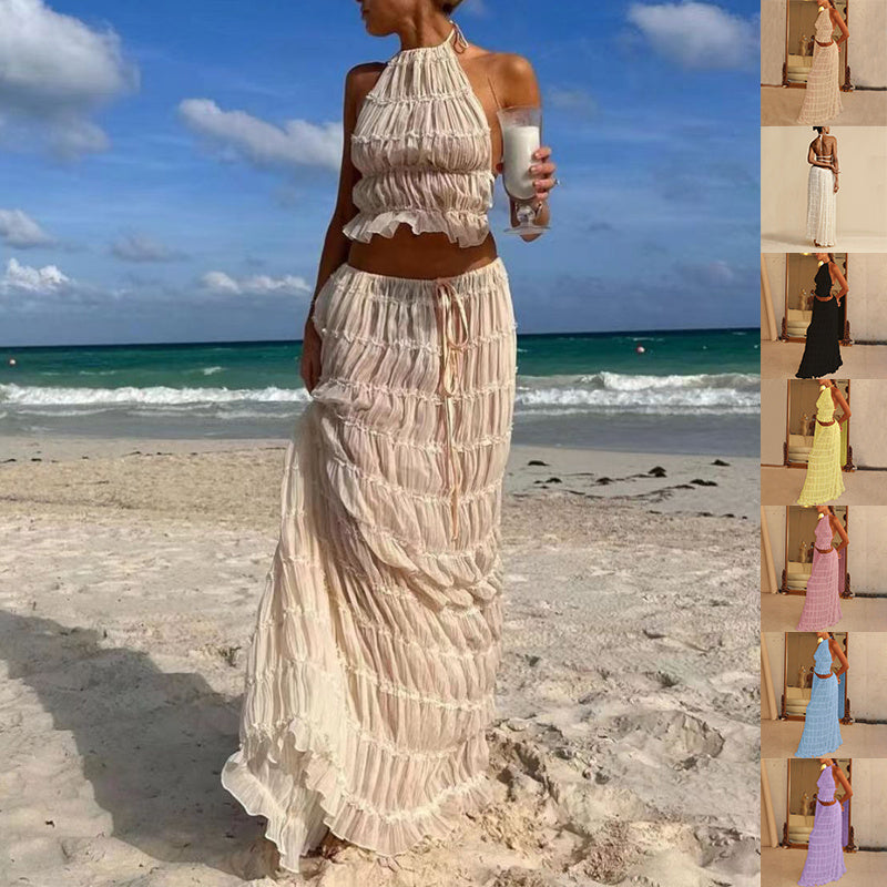 2pcs Women's Dress Suit Sexy Sleeveless Backless Cropped Halter Top And Pleated Long Skirt Beach Clothing Vibrant Vaults