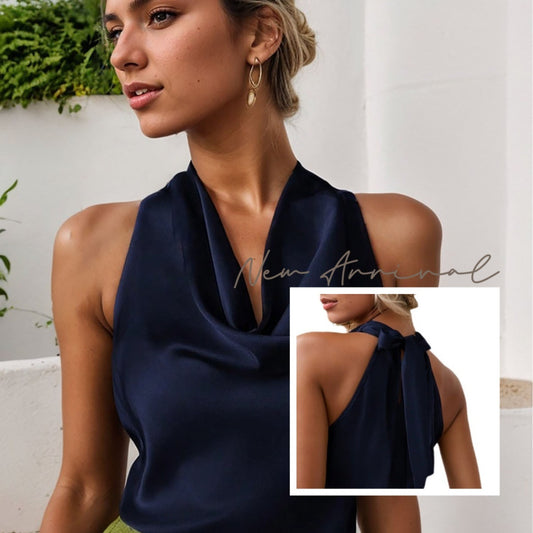 Women Solid Color Swing Collar Sleeveless Vest Trendy Elegant Shirt With Halter Neckline Backless Short Sleeve Tops Tshirts Vibrant Vaults