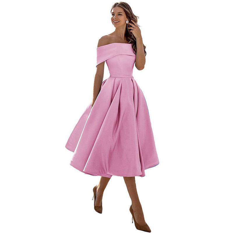 Women's Fashion Casual Strapless Satin Party Dress Off The Shoulder Tea Length Satin Prom Dresses With Pockts Formal Evening Party Dress Vibrant Vaults