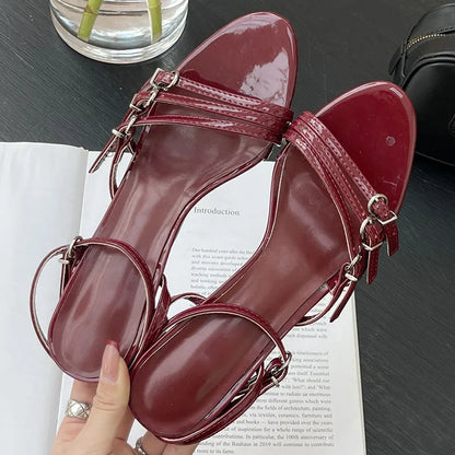 Big Size Fashion Buckle Strap Ladies Thin Heels Pumps Sandals Shoes Female Round Toe Women Medium Heels Shoes Wine Red Footwear