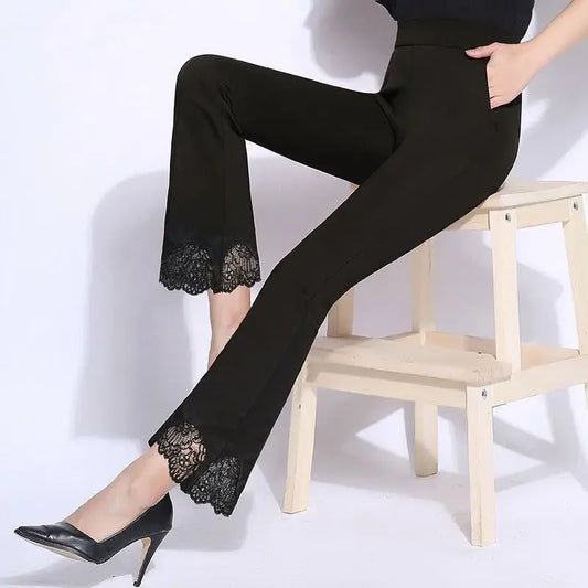 Temperament Simple Korean Black High Waist Slim Flare Pants Women's Autumn New Lace Split Pockets Slim Casual Straight Trousers