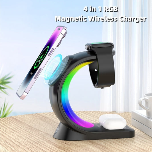 4 In 1 Magnetic Wireless Charger Fast Charging For Smart Phone Atmosphere Light Charging Station For Airpods Pro I-phone Watch Vibrant Vaults