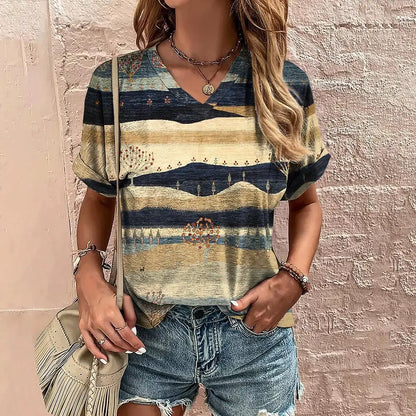 Retro Women's T-Shirt Summer V-Neck Short Sleeve Tee Casual Harajuku Stripe Print T Shirt for Women Streetwear Pullover Tops New