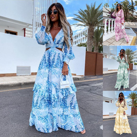 Elegant Women's Hollow Floor V-neck Long-sleeved Plant Dress Long Dresses Spring Summer Print V-neck Long Sleeve Dress Vibrant Vaults