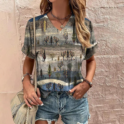 Retro Women's T-Shirt Summer V-Neck Short Sleeve Tee Casual Harajuku Stripe Print T Shirt for Women Streetwear Pullover Tops New