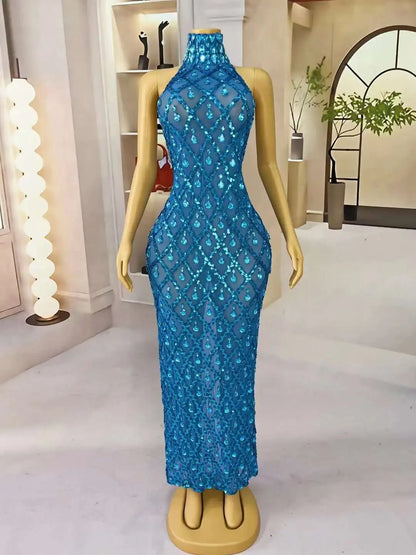 Sparkly Blue Sequins Sleeveless Birthday Dress Shiny Evening Celebrate Outfit Stretch Mesh Transparent Prom Gowns Shaokaijia