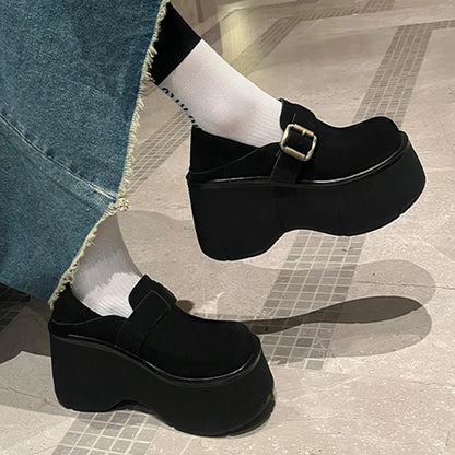 Women 9 CM Platform Shoes Punk PU Leather Buckle Design Loafers High Quality Cool Retro Chunky Oxfords Casual Outdoor Shoe 34-39