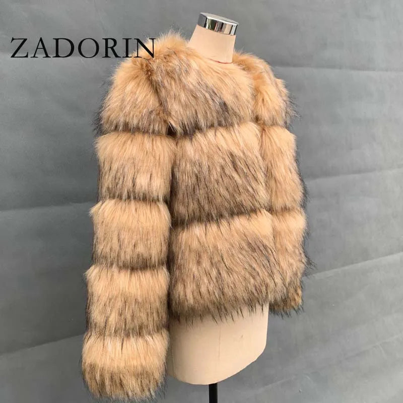 ZADORIN Women Fashion Faux Raccoon Fur Coat Luxury Short Furry Fur Top Jacket Women Winter Plush Fluffy Fur Coats for Women