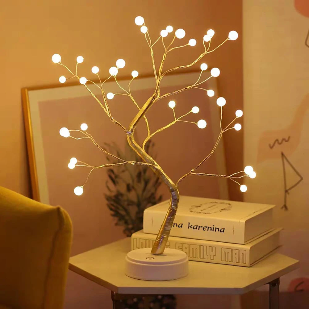 Fairy Light Spirit Tree Lamp Sparkly Tree Lamp Battery/USB Operated LED Mini Tree Warm Light Pearl Starry Night Light