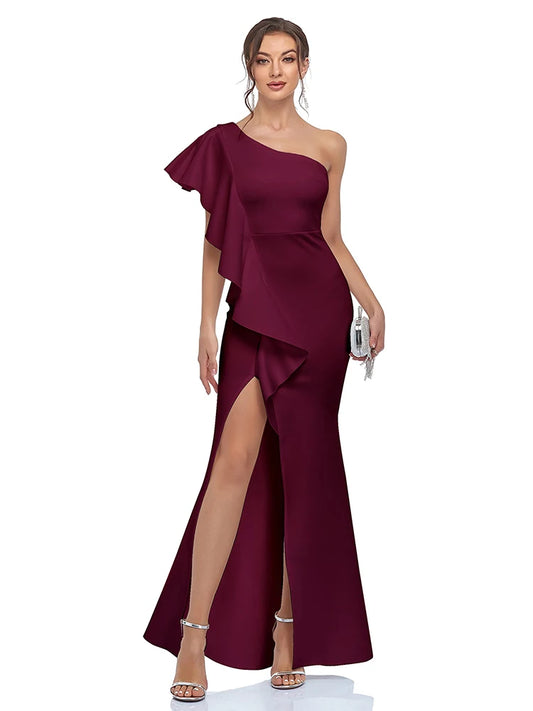 2023 Summer Dresses For Women Solid Ruffle Edge Asymmetric One Shoulder Evening Dress Vestidos De Mujer Elegant Maxi Robe Female