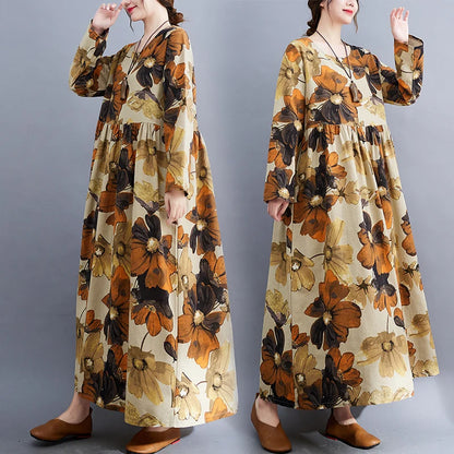 2023 Soft Cotton Linen Print Floral Long Sleeve  Autumn Dress Holiday Outdoor Travel Style Women Spring Long Maxi Casual Dress