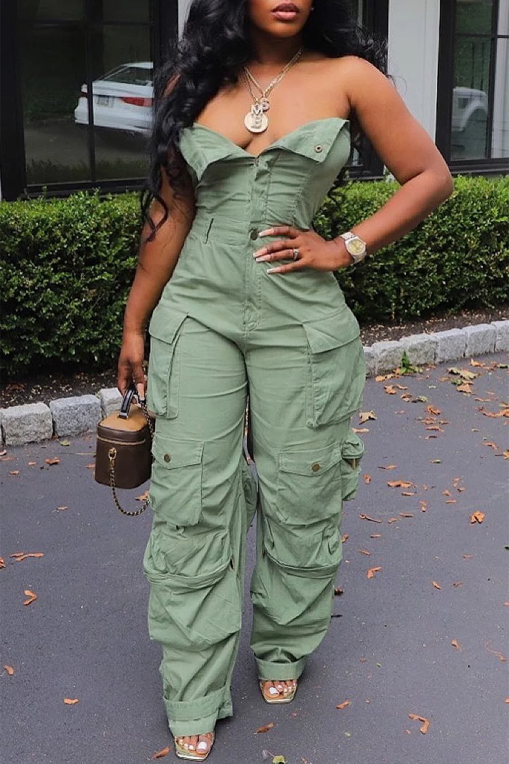 Plus Size Fashion Streetwear Denim Jumpsuit Women's Loose Pants Jumpsuit Plus Size Multi-pocket Strapless Jeans