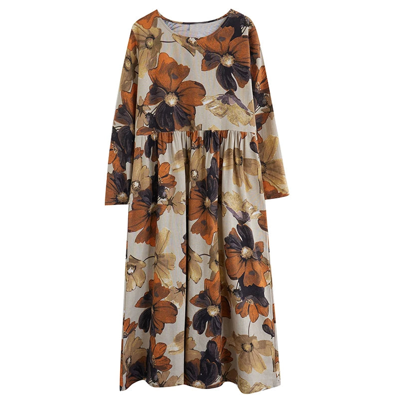 2023 Soft Cotton Linen Print Floral Long Sleeve  Autumn Dress Holiday Outdoor Travel Style Women Spring Long Maxi Casual Dress