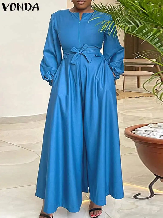 Plus Size VONDA 2024 Autumn Women Elegant Long Jumpsuit Rompers Long Lantern Sleeve Zipper Solid Casual Wide Leg Pants Belted