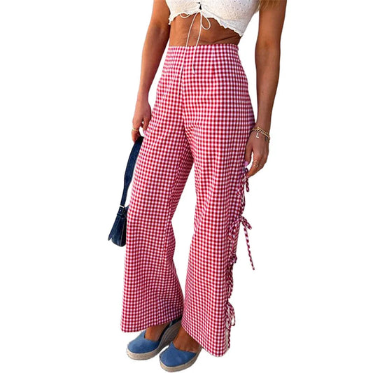 y2k Wide Leg Pants Women Summer Plaid Print Tie Up Hollow Out Elastic High Waist Loose Trousers Fashion Sweatpants Bottoms