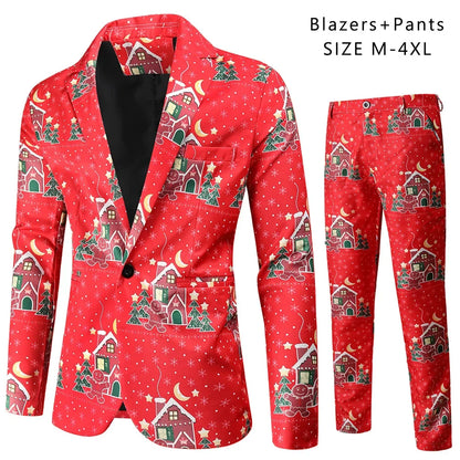 Boutique Men's S-4XL (suit + Trousers) Men's Casual and Comfortable Christmas Fashion 3D Printing Christmas Tree 2-piece Set