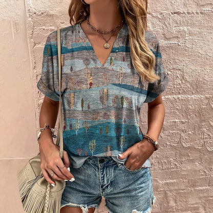 Retro Women's T-Shirt Summer V-Neck Short Sleeve Tee Casual Harajuku Stripe Print T Shirt for Women Streetwear Pullover Tops New