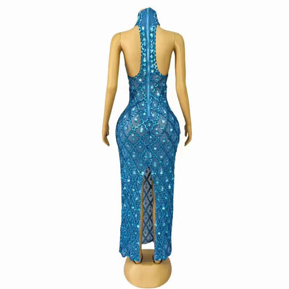 Sparkly Blue Sequins Sleeveless Birthday Dress Shiny Evening Celebrate Outfit Stretch Mesh Transparent Prom Gowns Shaokaijia