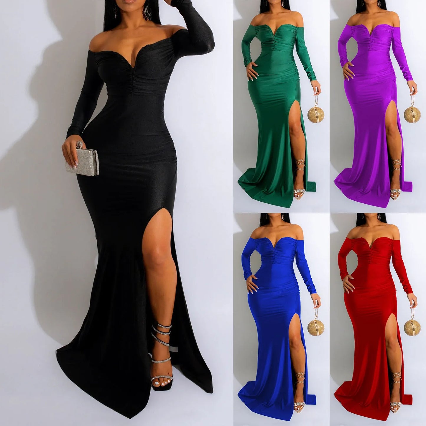 V Neck High Split Long Female Elegant Formal Dresses Maxi Gown Slit Plus Size Women'S Dress Party Evening Prom Gala Vestidos