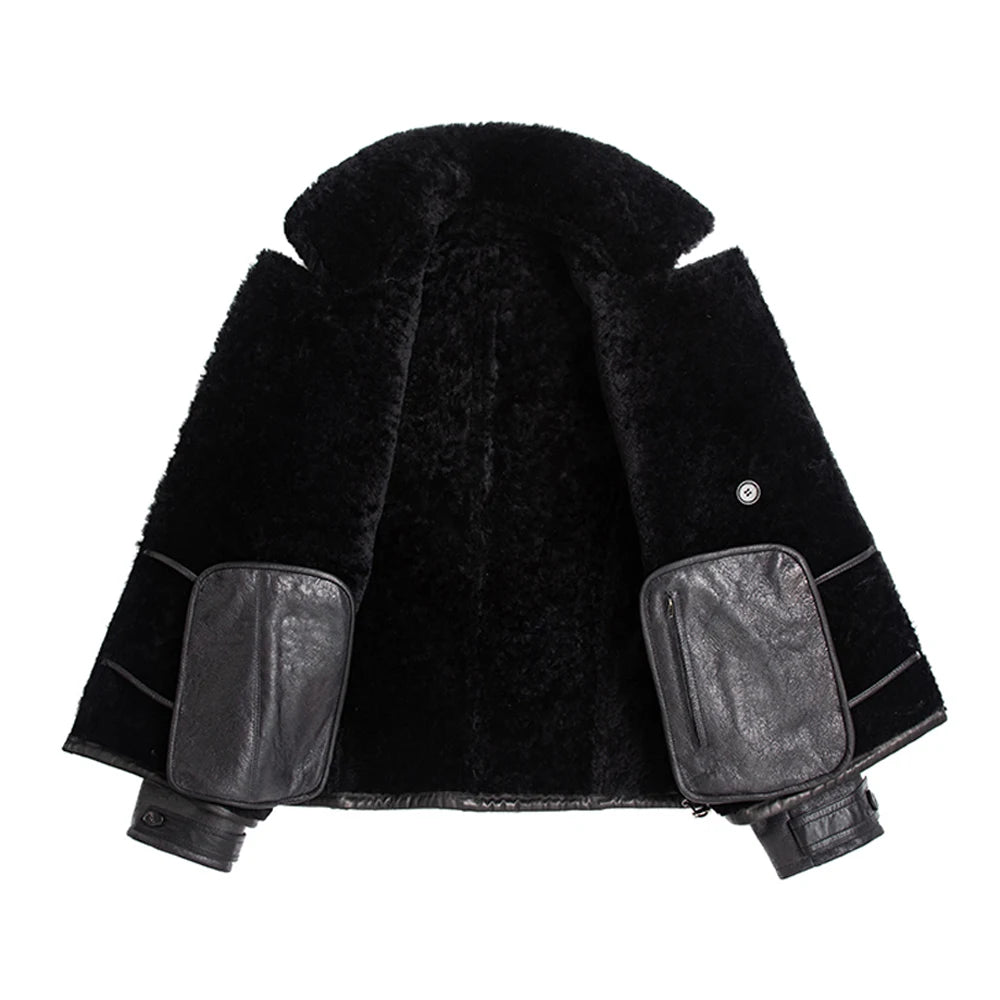 Genuine Sheepskin Fur Coat Men Short Black Natural Thicken Winter Fur Clothing Genuine Leather Formal Suit Clothes