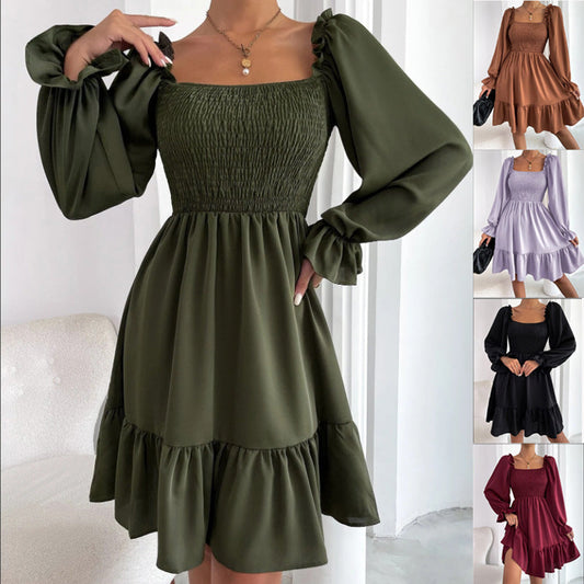 Square Collar Parallel Crepe Sewed Ruffled Hem Dress Vibrant Vaults